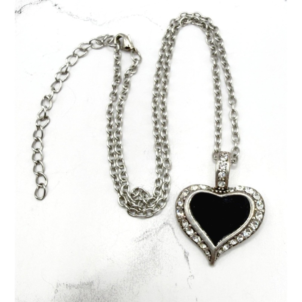 Black Faceted Glass Heart Pendant Necklace Rhinestone Halo Silver 16–19"